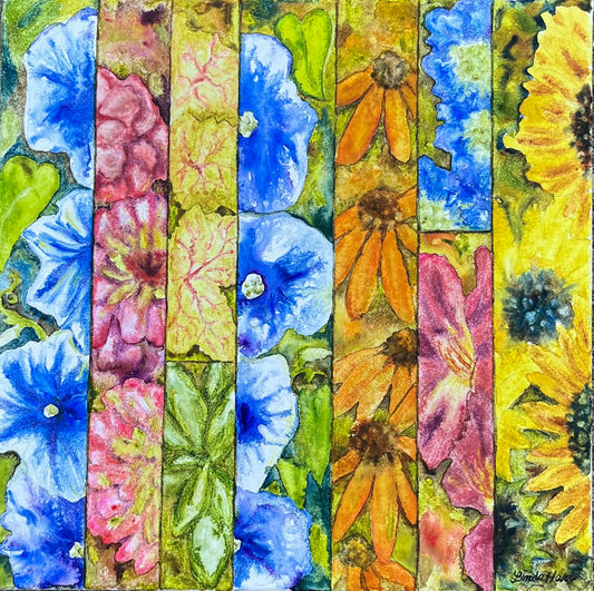 Floral Fragments Original Watercolor -12" x 12" x 1.5" Painting of Morning Glories, zinnias,heuchera, coneflowers, scabiosa, daylilies sunflowers