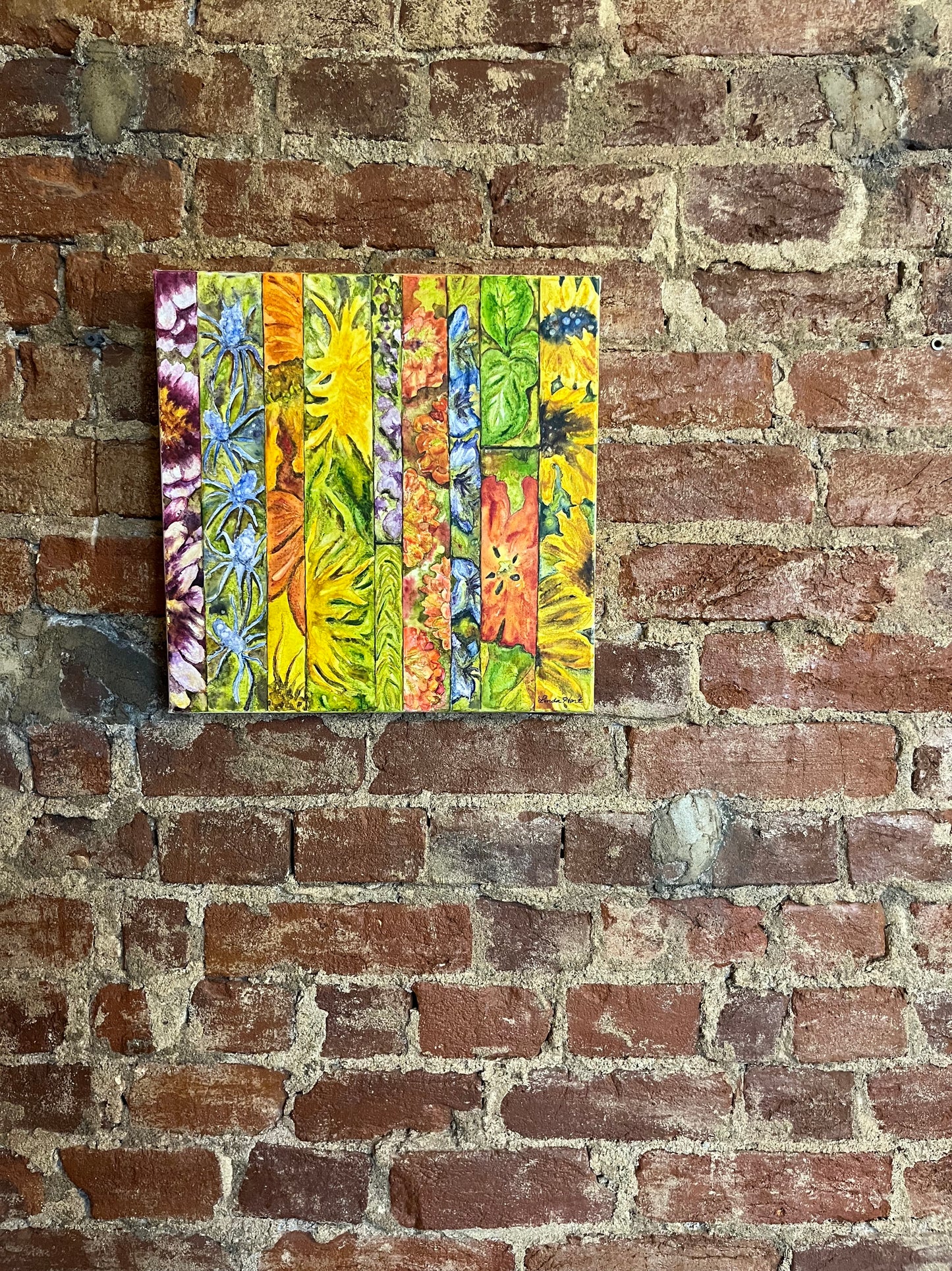 Floral Fragments Original Watercolor -12" x 12" x 1.5" Painting- zinnias, blue sea holly, Mexican sunflowers, regular sunflowers, verbascum, love in the mist, hostas  parrot tulip.