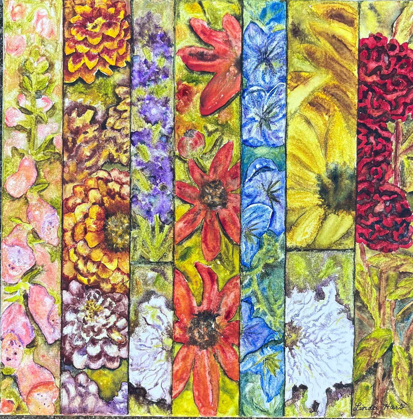 Floral Fragments Original Watercolor-foxgloves, zinnias, verbena bonaresis, rudbeckia, love in the mist, sunflowers, petunias and celosia