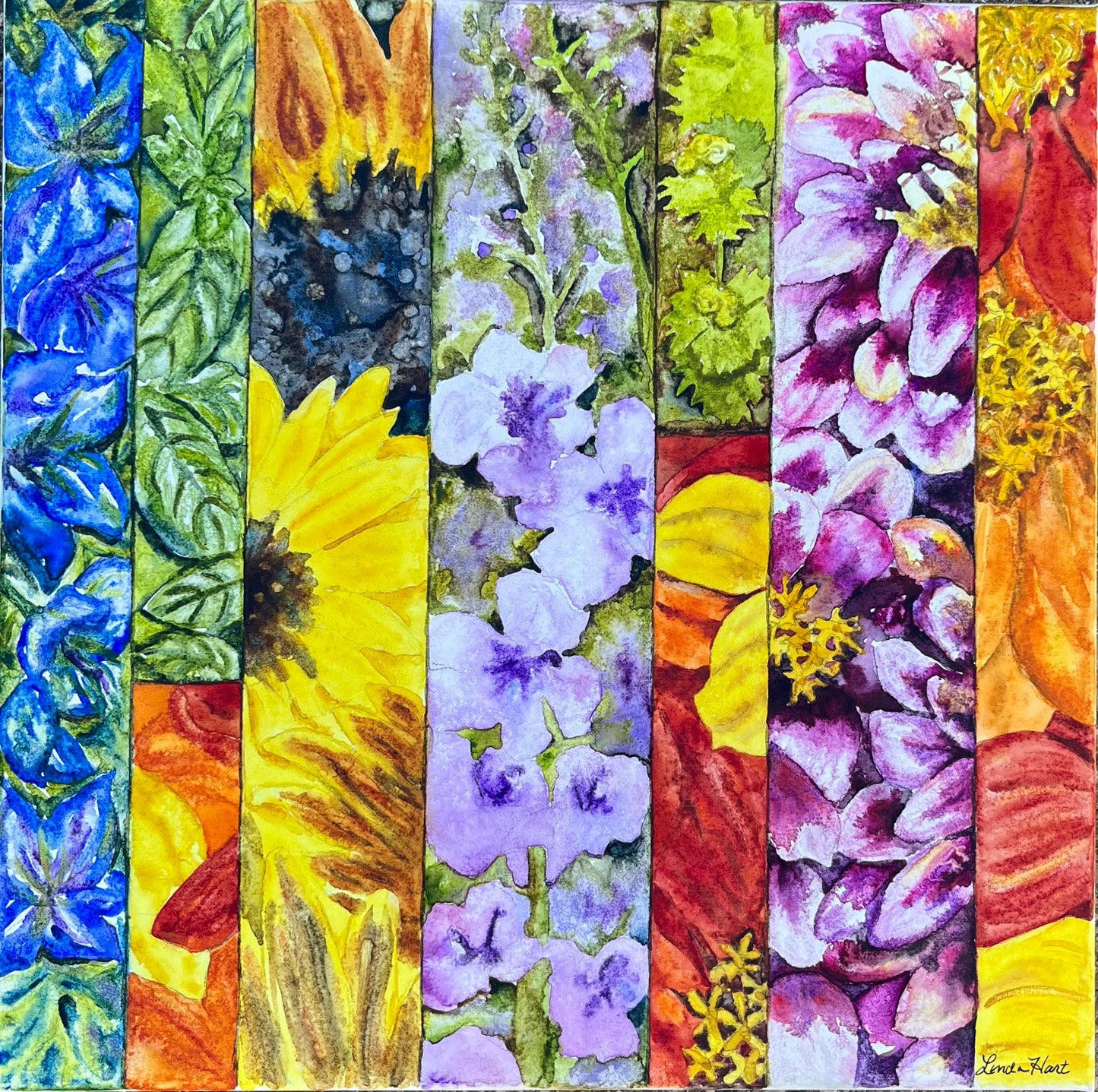 Floral Fragments Original Watercolor- Love in the Mist, Basil, Mexican Sunflowers, Verbascum, Ladies Mantle, Zinnias