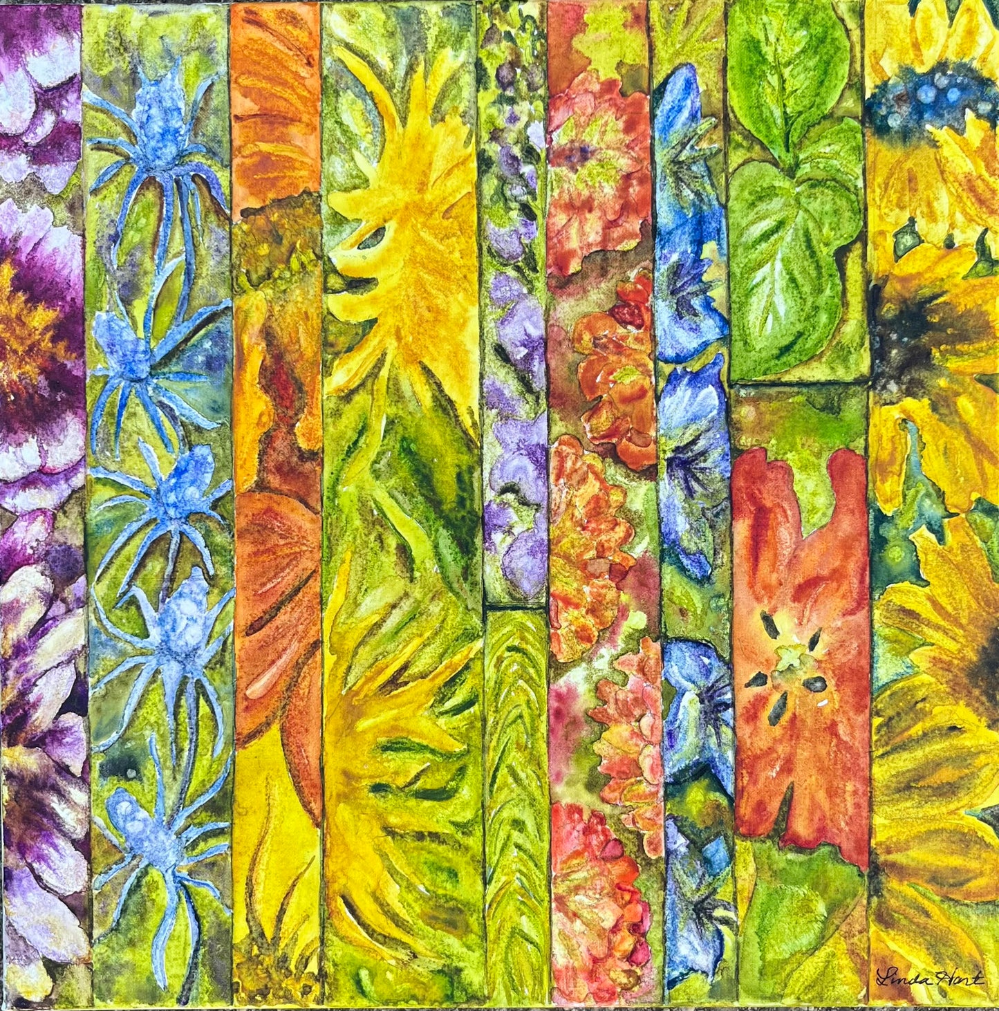 Floral Fragments Original Watercolor -12" x 12" x 1.5" Painting- zinnias, blue sea holly, Mexican sunflowers, regular sunflowers, verbascum, love in the mist, hostas  parrot tulip.