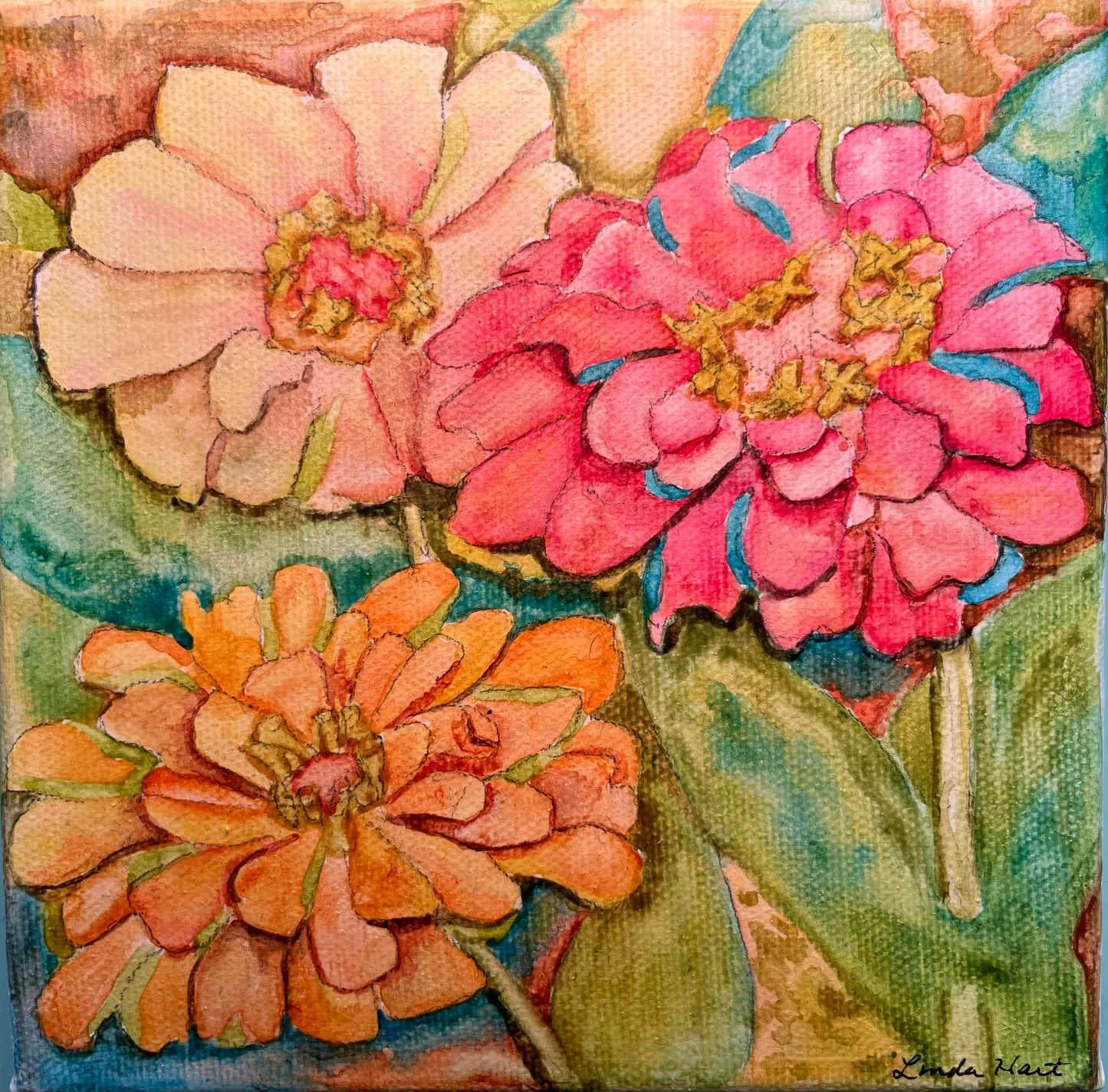 Zinnias - 6" x 6" x 1.5" Original Watercolor Painting on Canvas