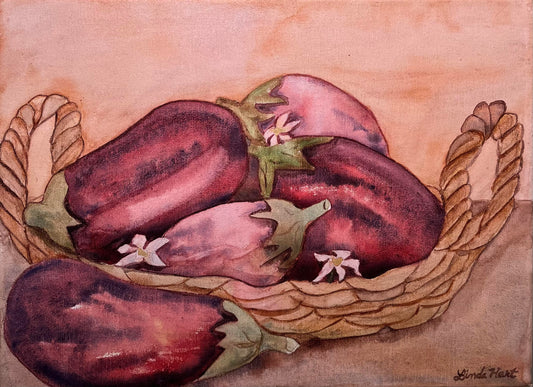 Basket of Eggplants - 9" x 12" x 7/8" - Original Watercolor Painting on Canvas