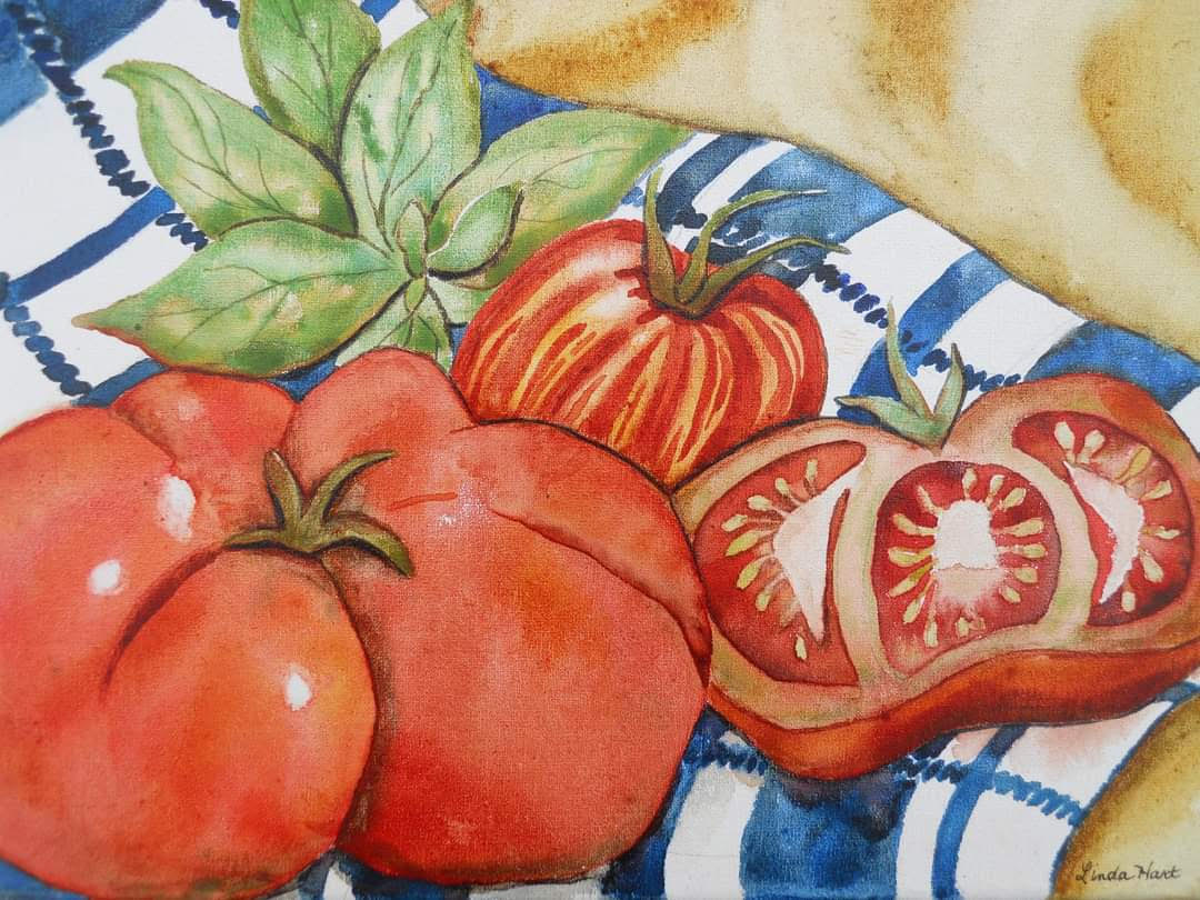 Heirloom Tomatoes on Blue - 9" x 12" x 7/8" - Original Watercolor Painting on Canvas