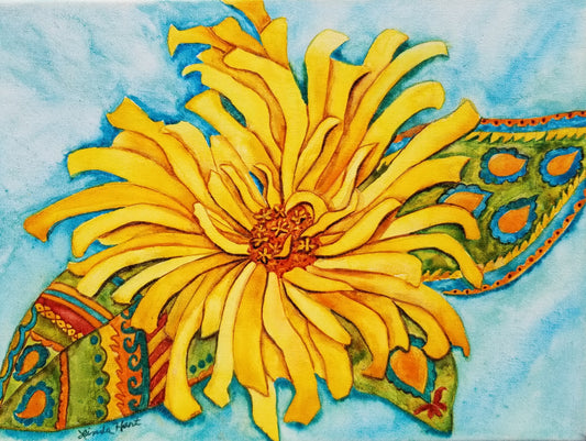 Paisley Zinnia- 9" x 12" x 7/8" - Original Watercolor on Canvas