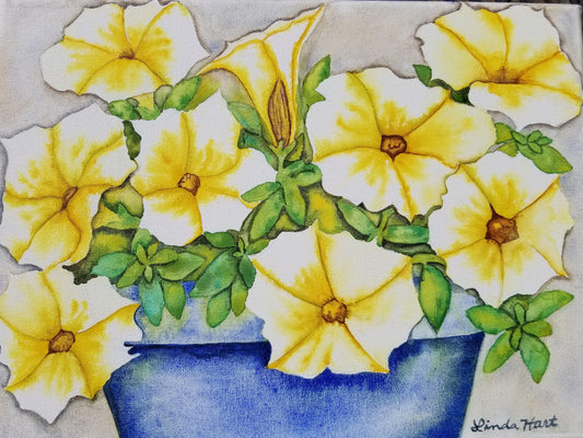 Petunias in Blue Pottery - (" X 12" x 7/8" - Original Watercolor Painting on Canvas