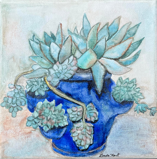 Succulents in Cobalt Blue Strawberry Jar - 6" x 6" x 1.5" -Original Watercolor Painting on Canvas