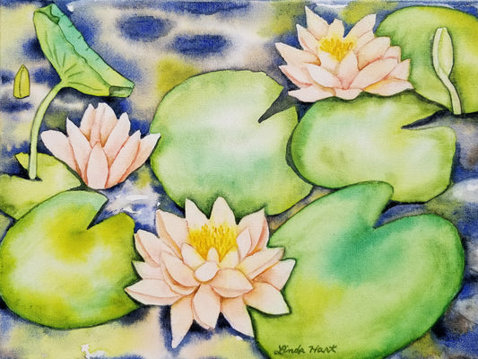 Waterlilies - 9" x 12" x 7/8" - Original Watercolor on Canvas